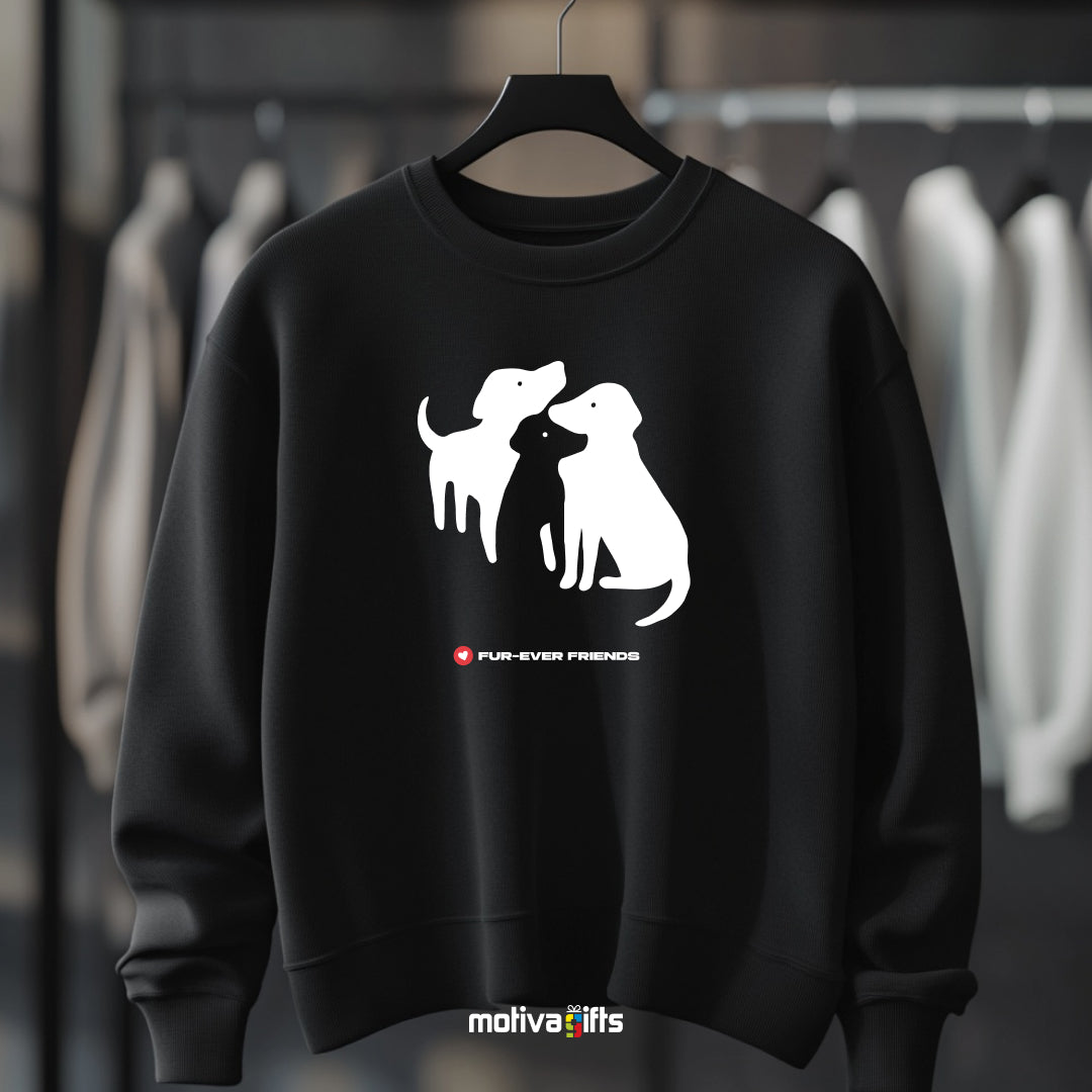 Hanging: Black sweatshirt featuring an illustration of three charming dogs.