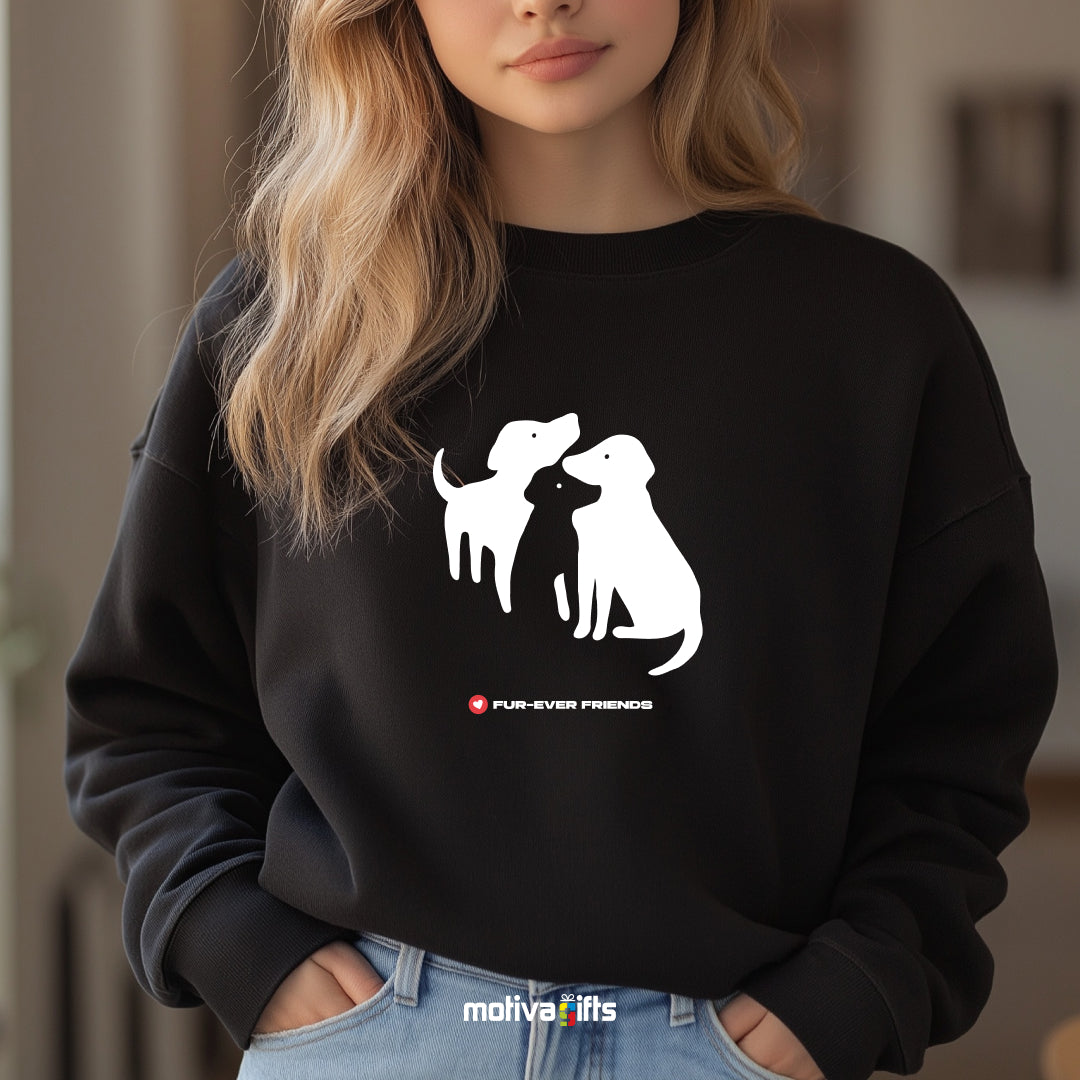 A woman wearing a Black sweatshirt featuring an illustration of three charming dogs.