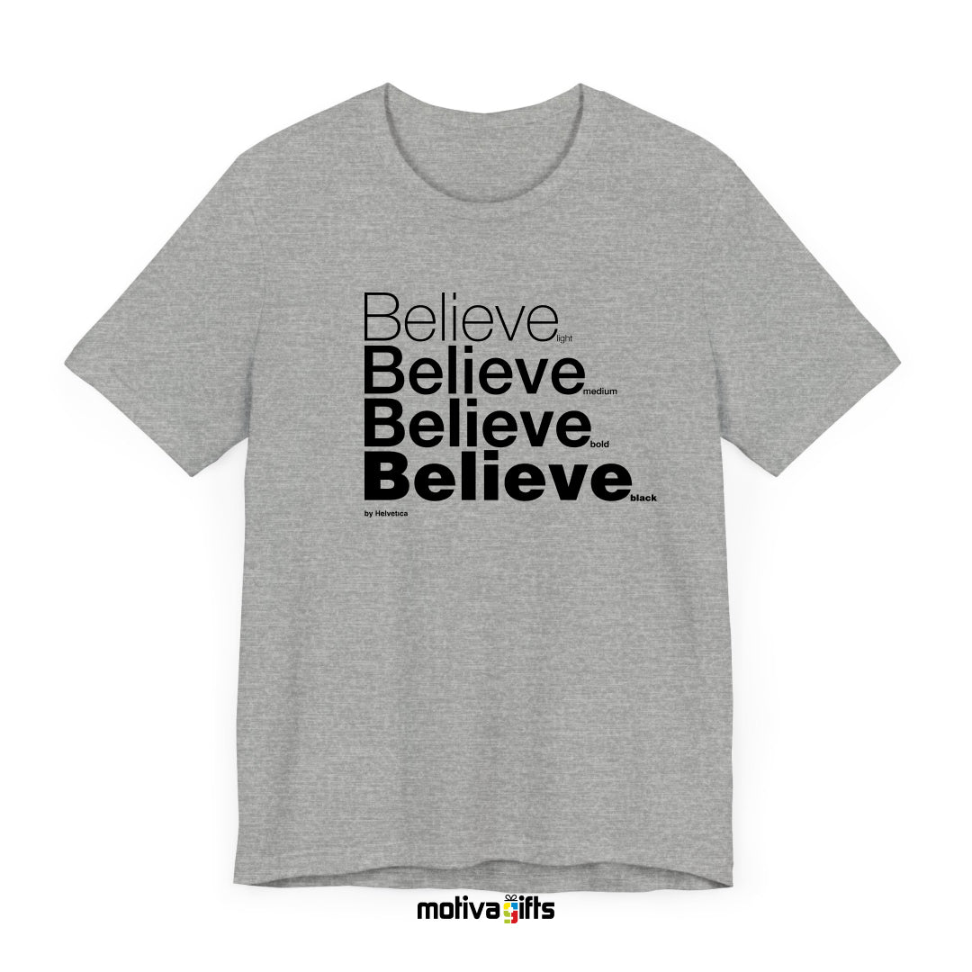 Grey flat-lay T-shirt with black Helvetica typography reads Love in light, medium, bold, and black font weights