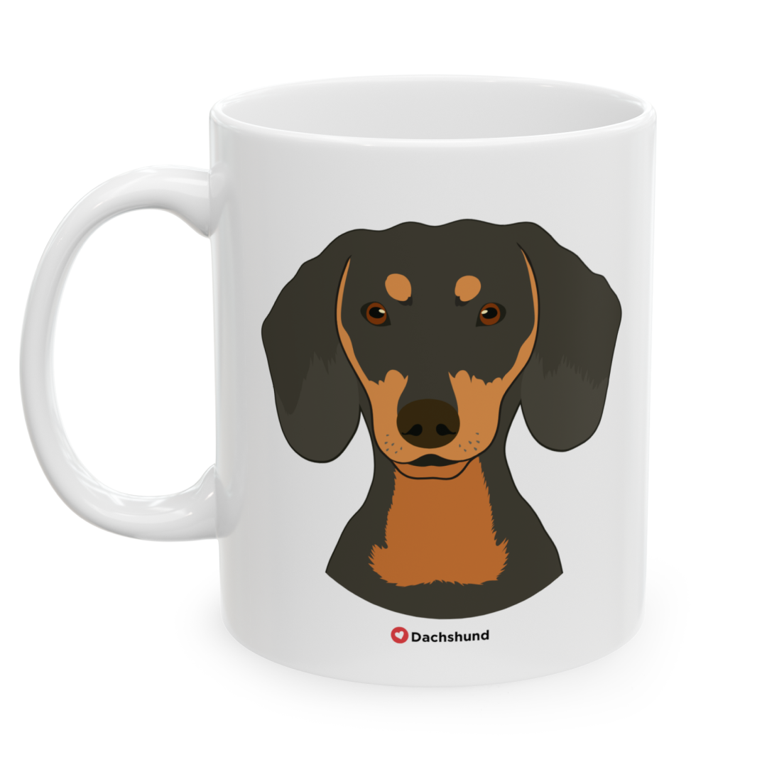 Left view white ceramic 11 oz mug featuring a drawing of a Dachshund Dog. Clean white background.