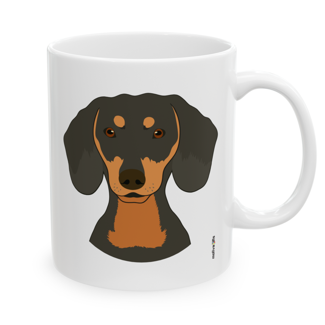 Right view white ceramic 11 oz mug featuring a drawing of a Dachshund Dog. Clean white background.