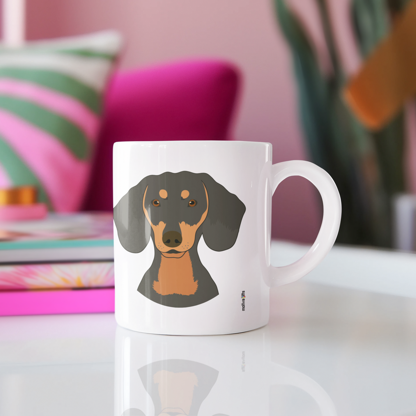 DachshundLove Dogs White 11 oz Ceramic Mug, featuring a modern table in a relaxing living room.