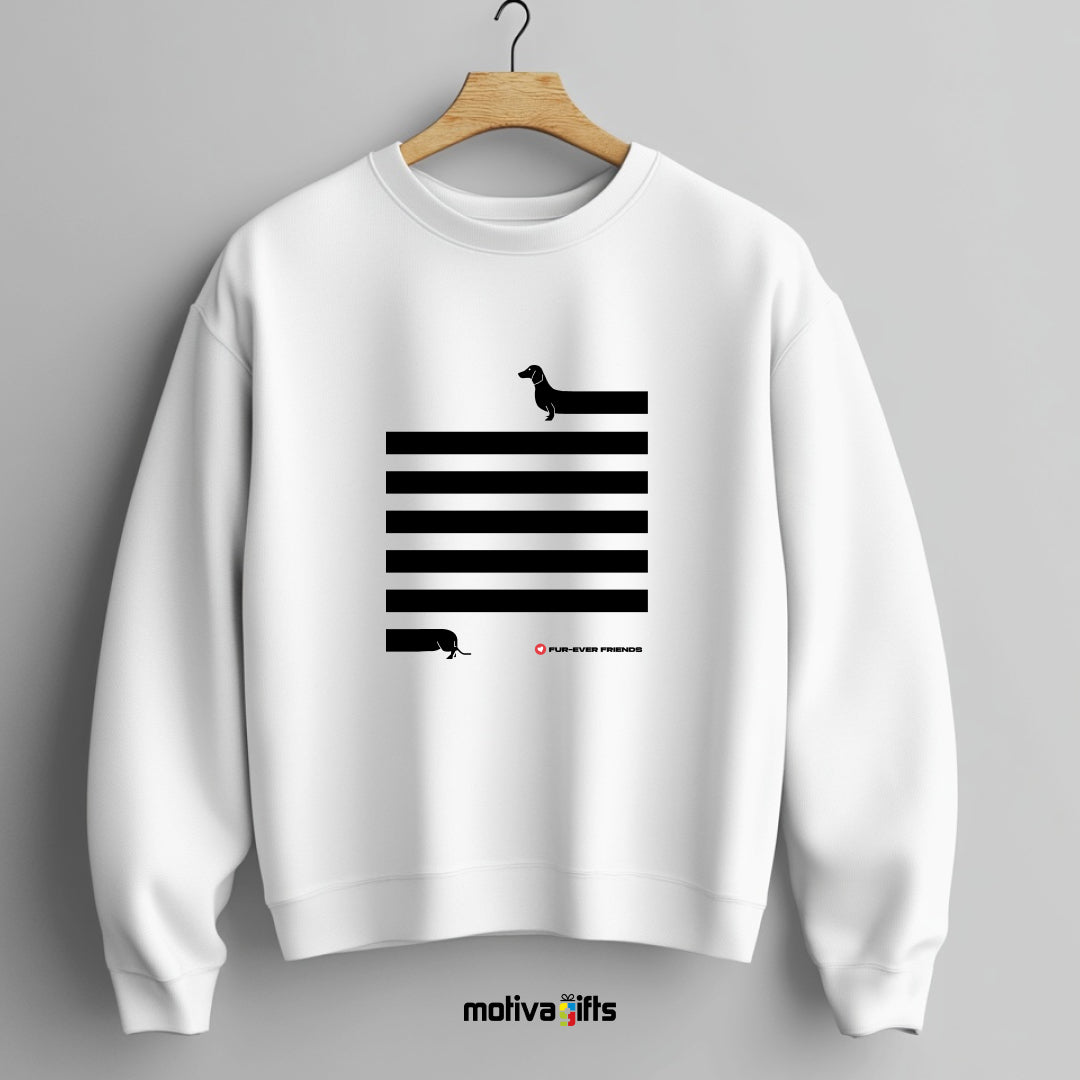 Hanging: White Dachshund Long on Charm White Sweatshirt featuring a illustration of a dachshund with an extra-long body and quirky charm