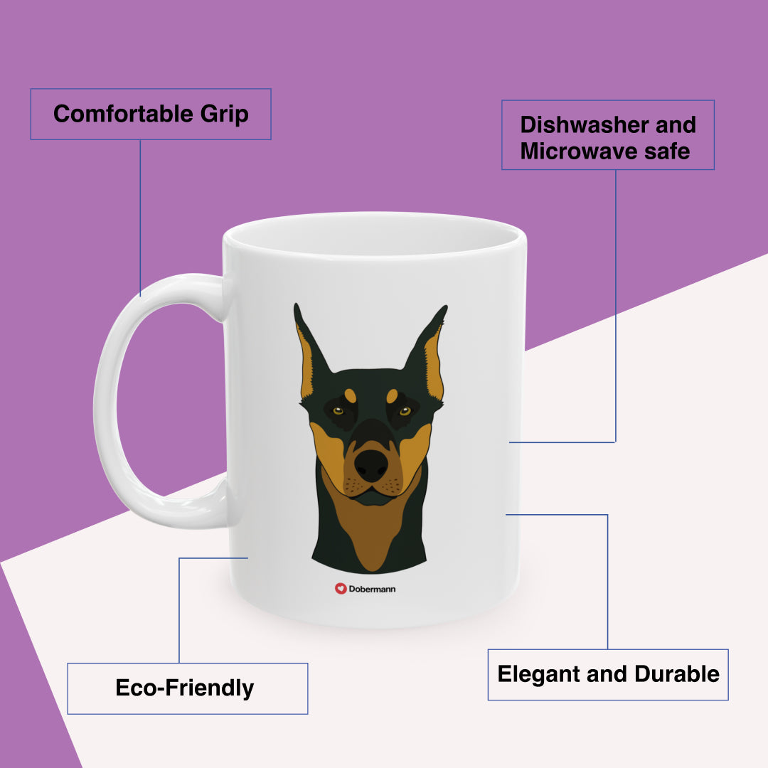Dobermann Love Dogs Benefits: comfortable grip, eco-friendly, dishwasher and microwave safe, elegant and durable. By Motiva Gifts.