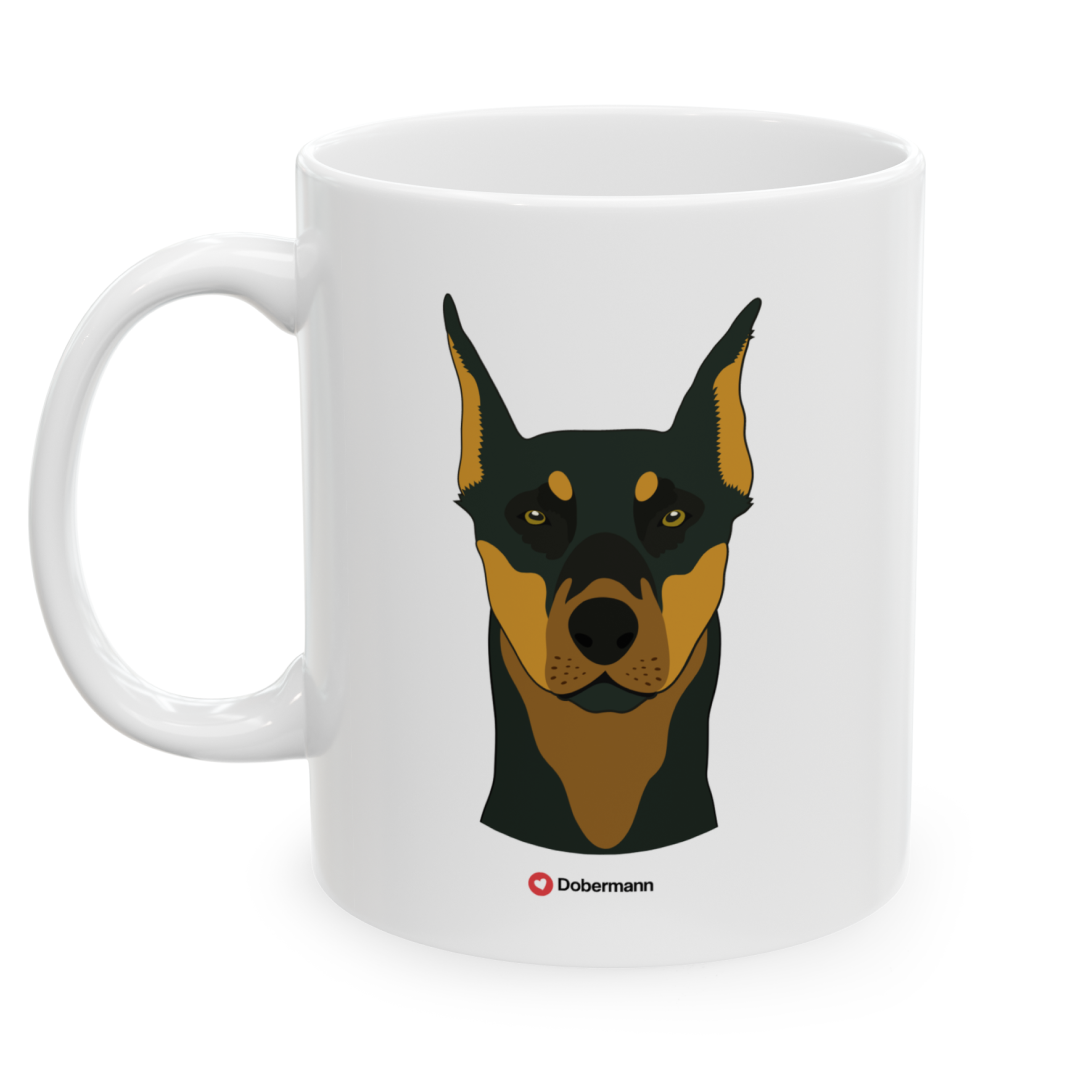 Left view white ceramic 11 oz mug featuring a drawing of a Dobermann Dog. Clean white background.