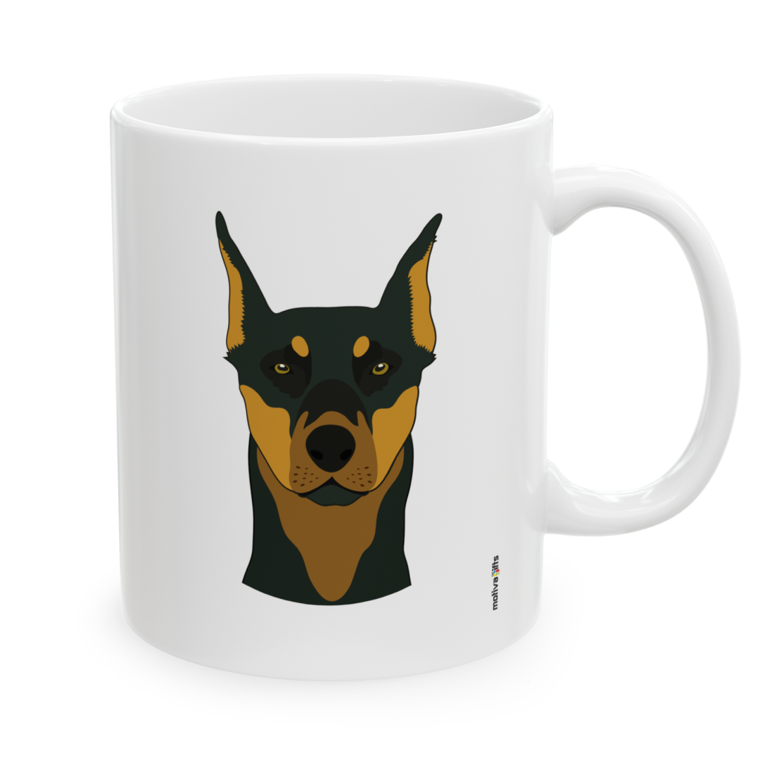 Right view white ceramic 11 oz mug featuring a drawing of a Dobermann Dog. Clean white background.