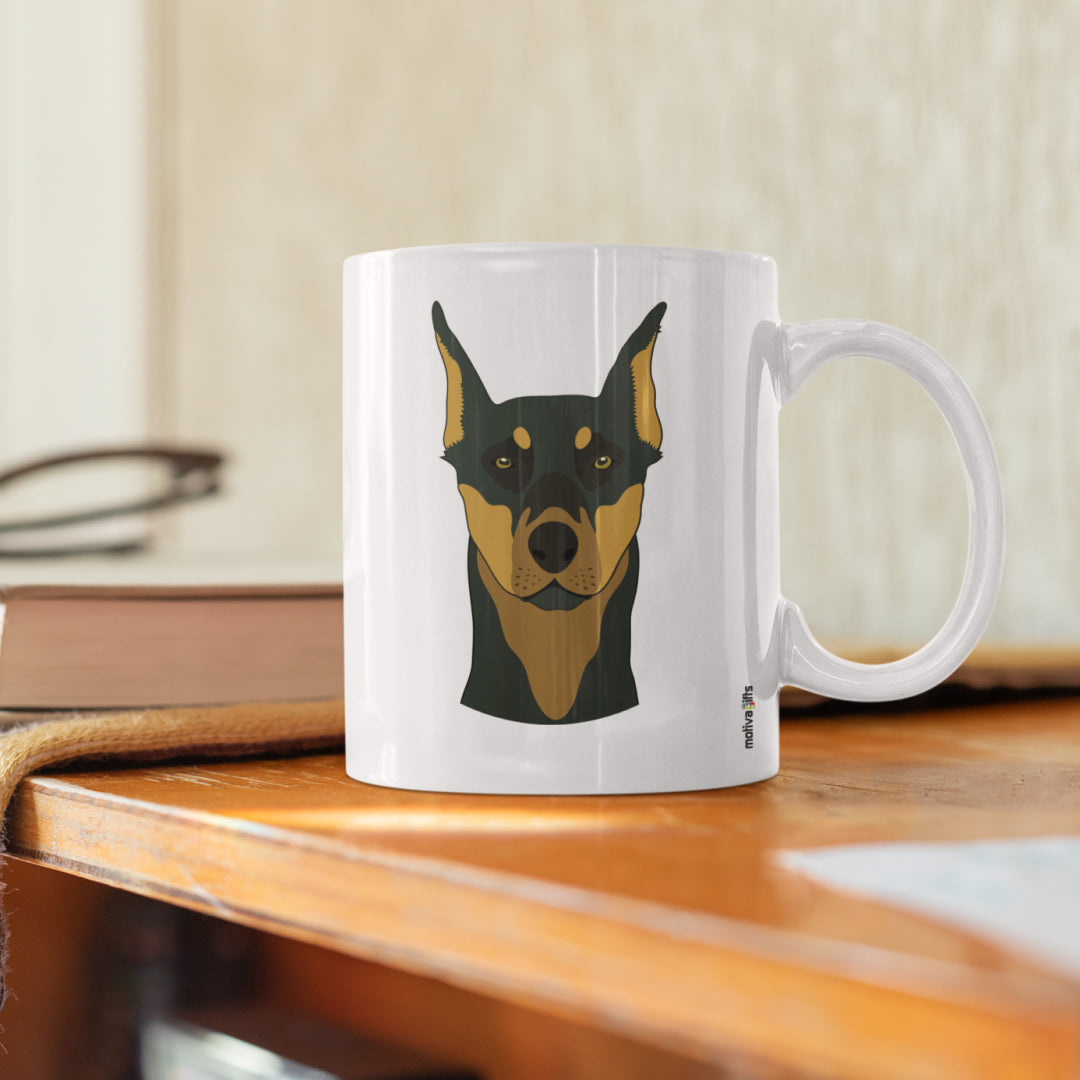 Dobermann Love Dogs White 11 oz Ceramic Mug, featuring a rustic table