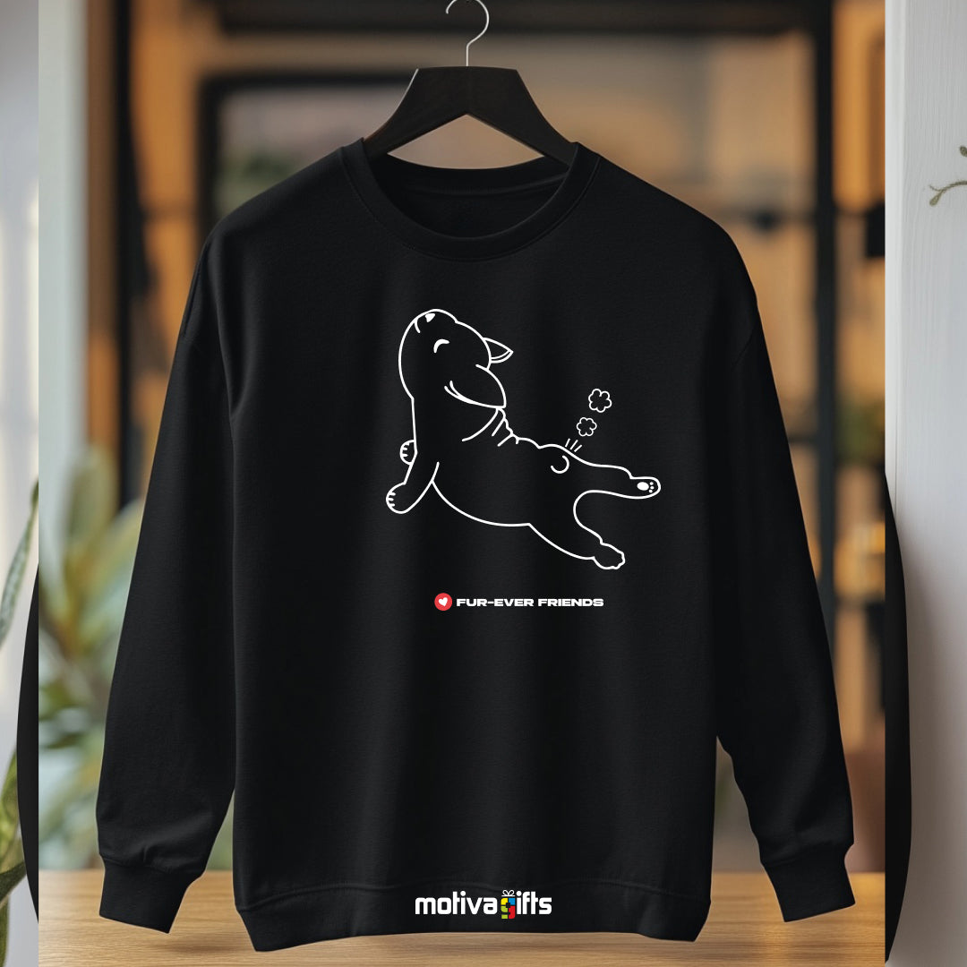 Hanging: Black sweatshirt featuring an exclusive illustration of Dog Stretch