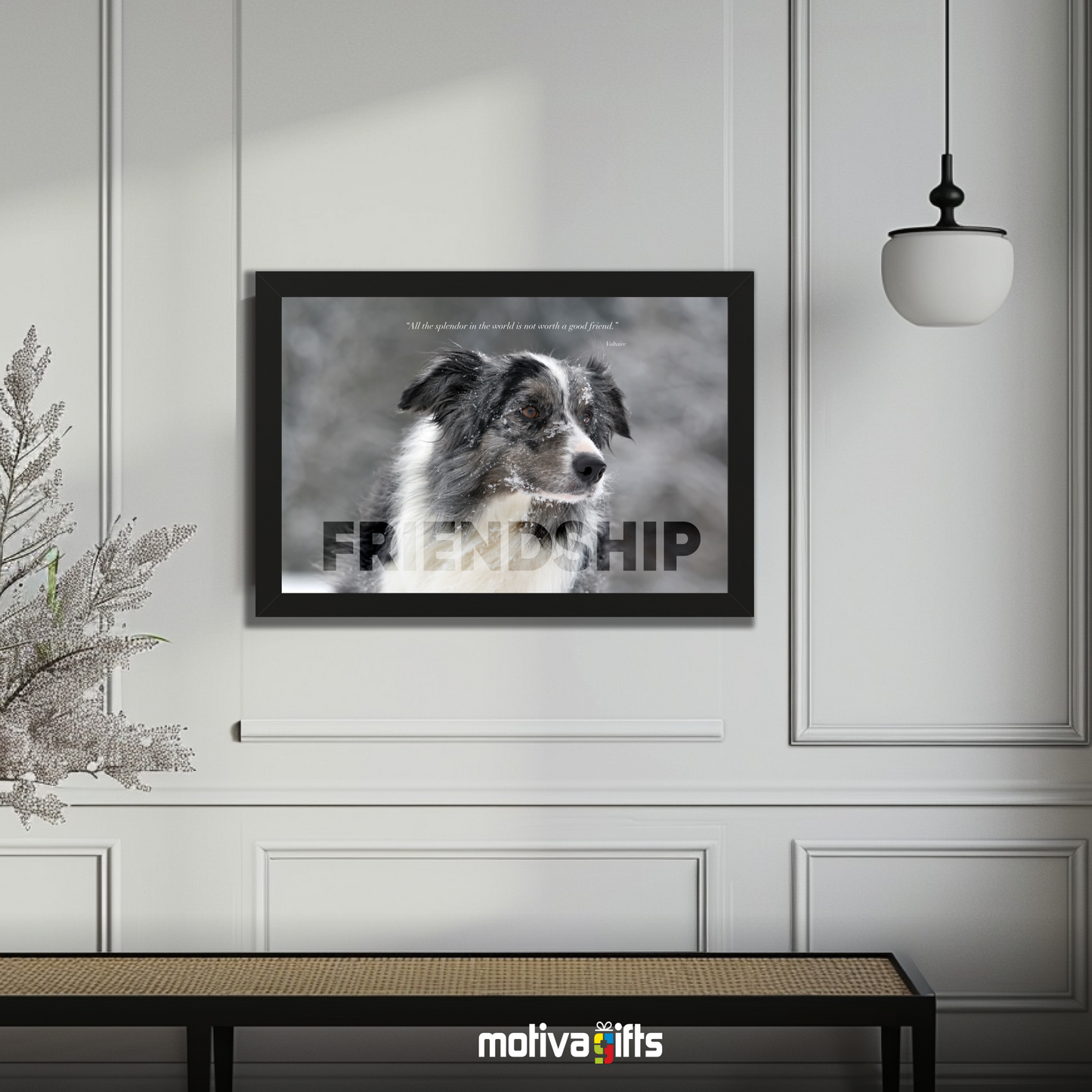 A black framed art wall with the word FRIENDSHIP in large text and a Voltaire quote hangs in a modern living room.