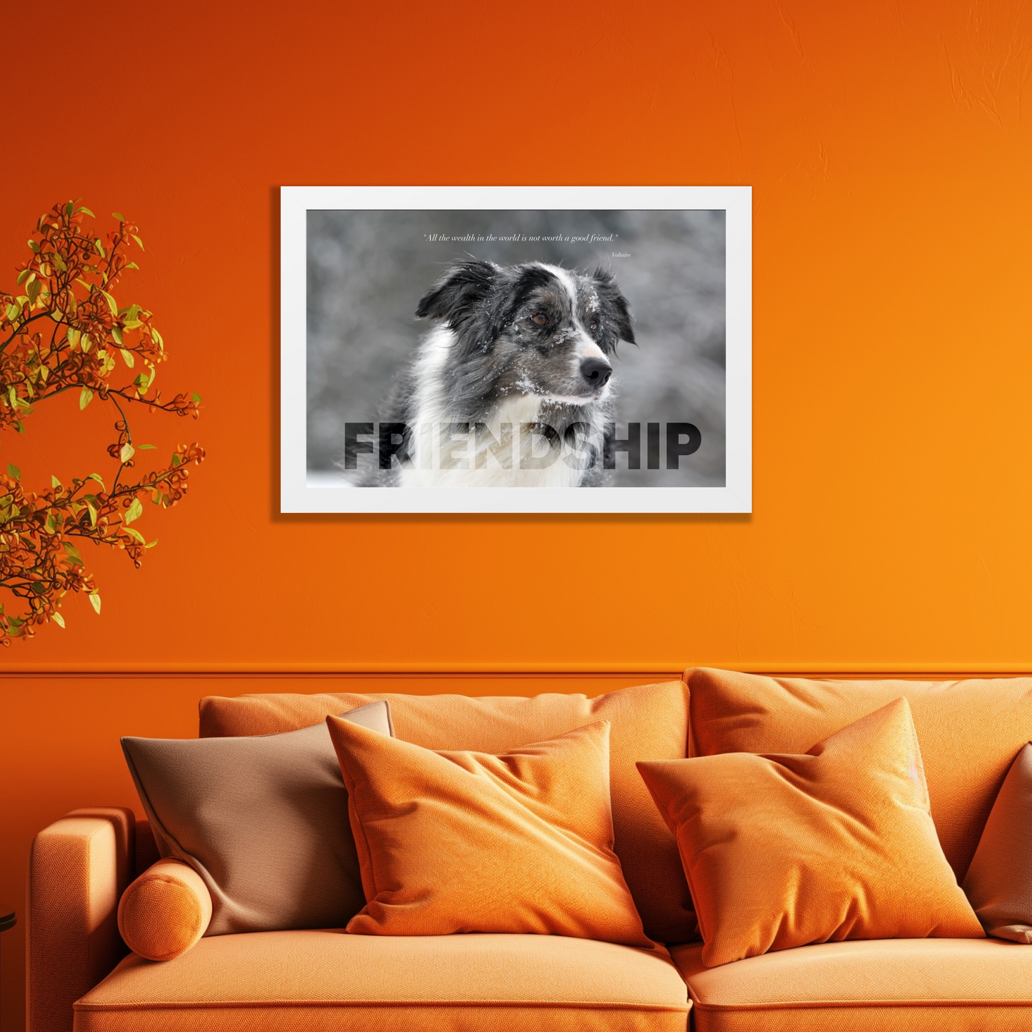 A white framed art wall with the word FRIENDSHIP in large text and a Voltaire quote hangs in a modern living room.