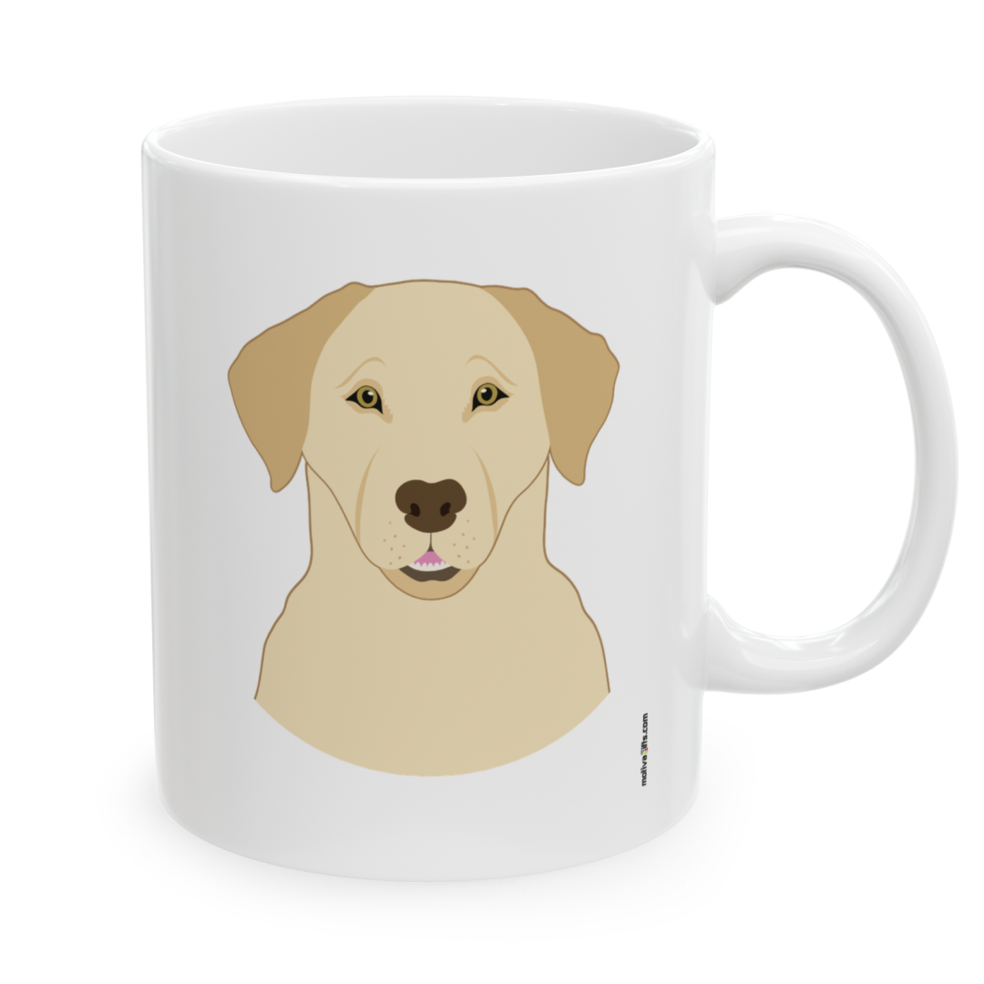 Right view white ceramic 11 oz mug featuring a drawing of a Labrador Dog. Clean white background.