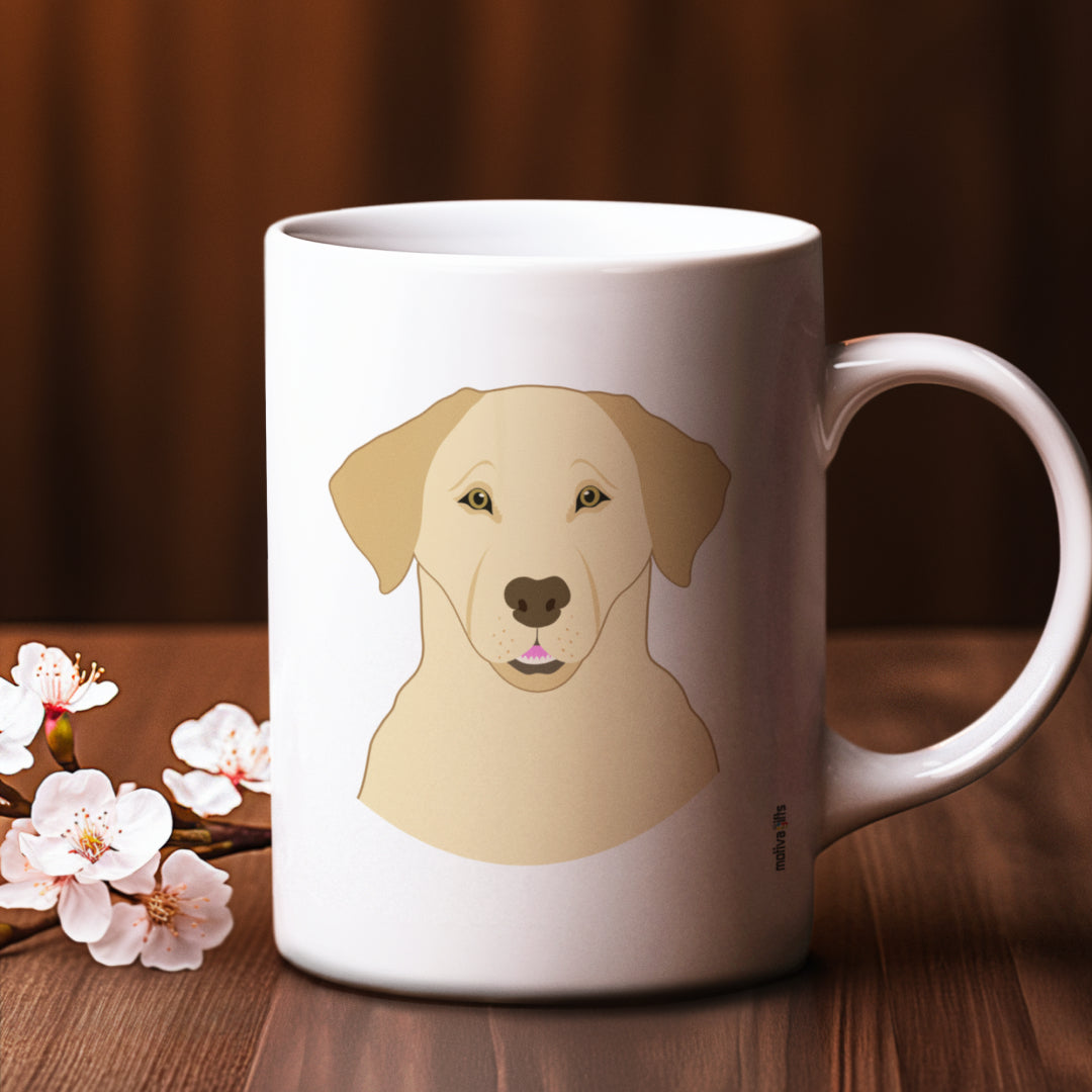 Labrador Love Dogs White 11 oz Ceramic Mug, featuring a rustic table and a small flower