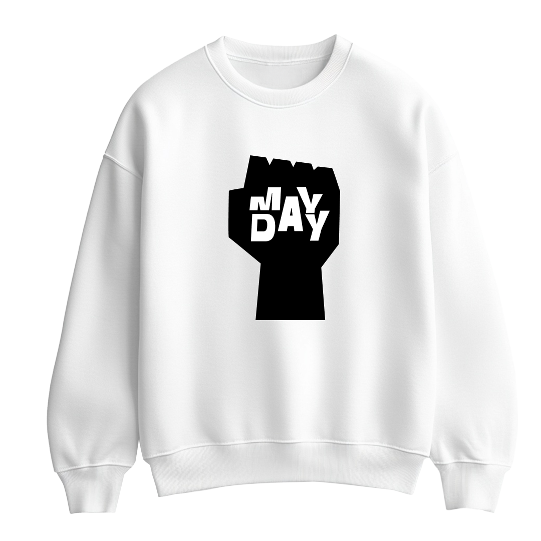 White flat-lay Sweatshirt featuring black typography that reads May Day