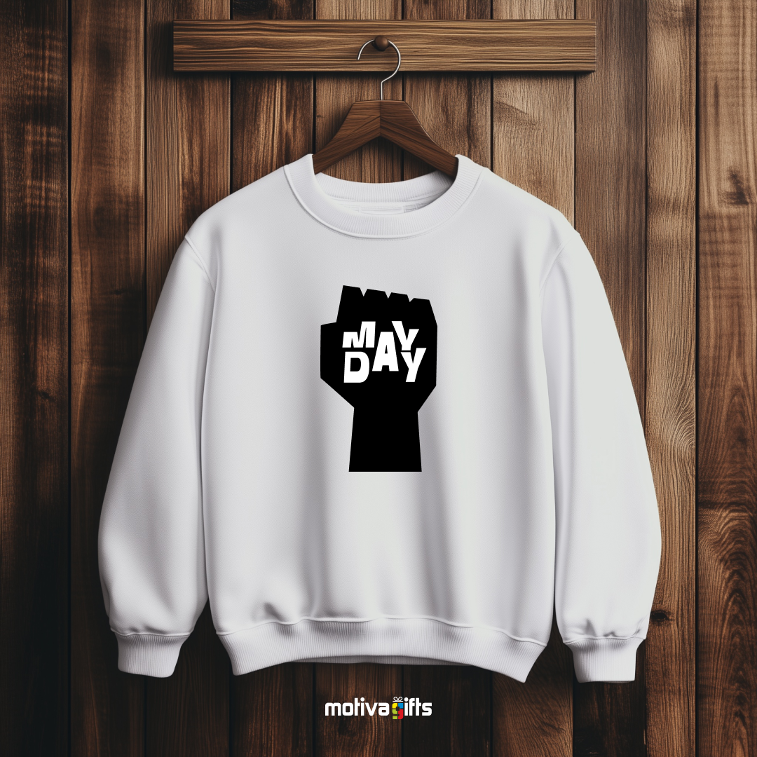 A hanging white sweatshirt featuring bold black typography that reads May Day