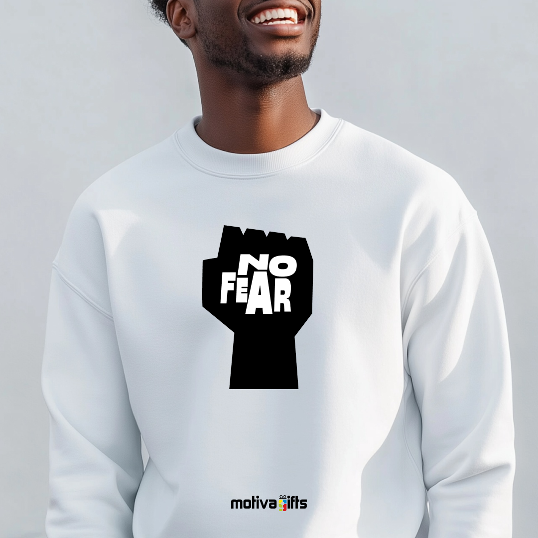 A man wearing a white sweatshirt featuring bold black typography that reads No Fear