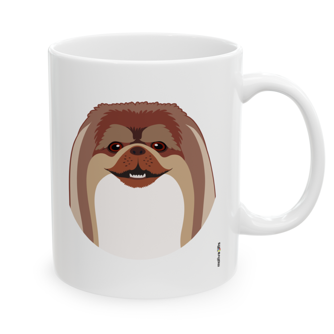Right view white ceramic 11 oz mug featuring a drawing of a Pekingese Dog. Clean white background.