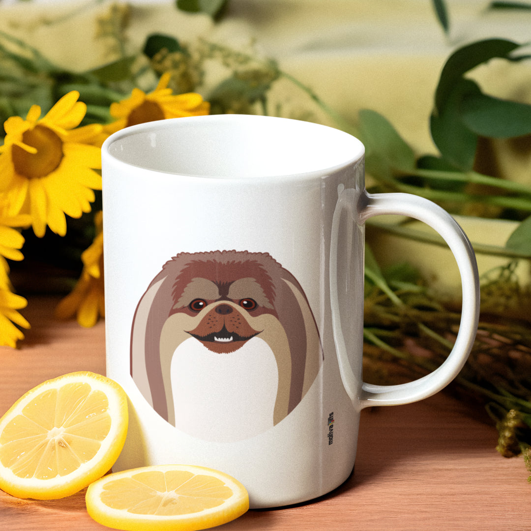 Pekingese Love Dogs White 11 oz Ceramic Mug, featuring a rustic table and a small vase of flower