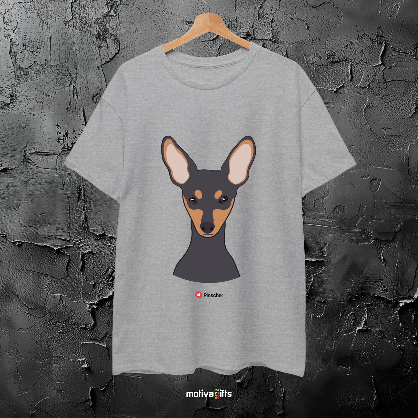 Sport gray tshirt with Pinscher design on the front, front view, Motiva Gifts
