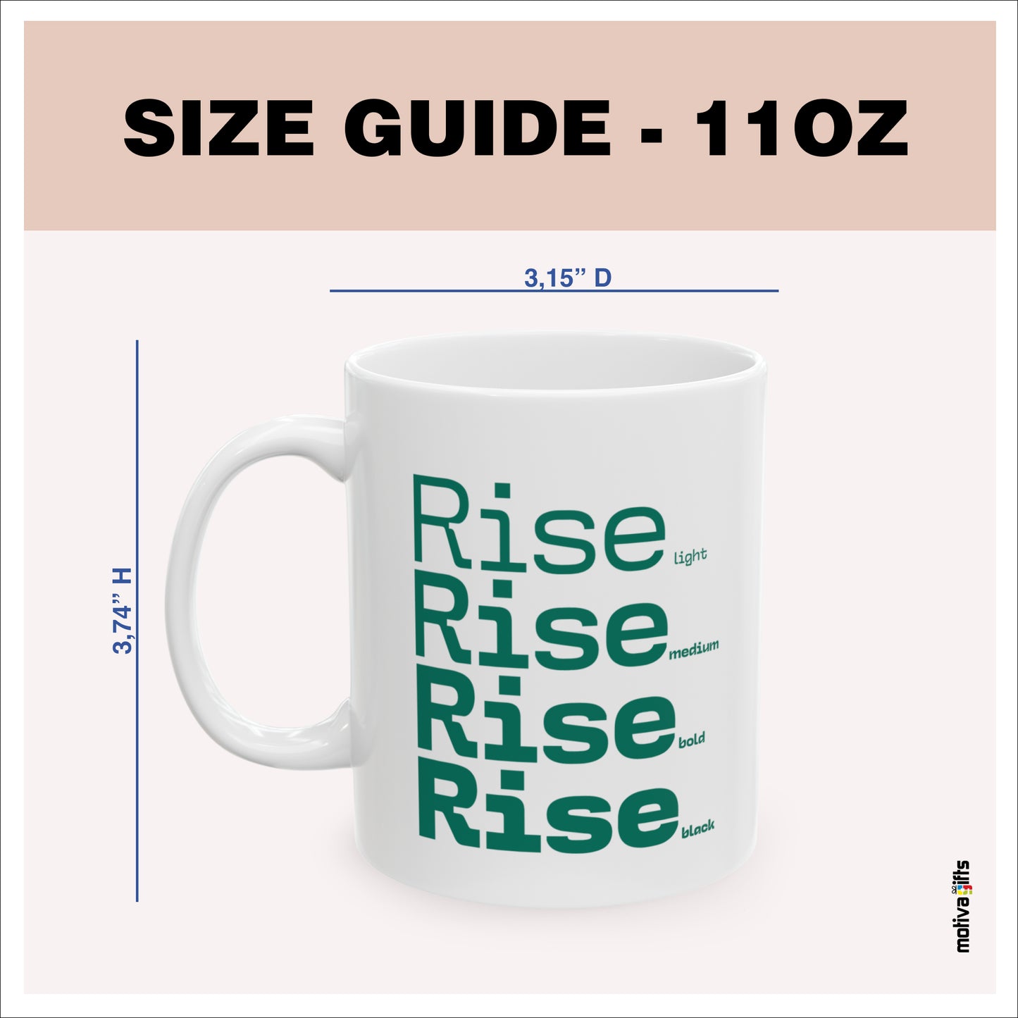 Size guide - 11 oz mug - 3.74H x3.15D