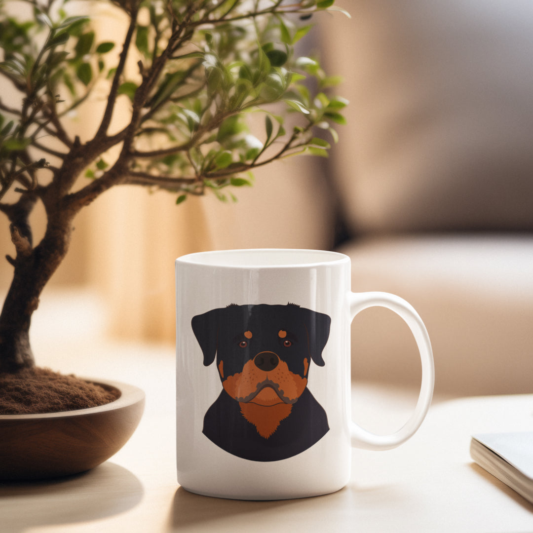 Rottweiler Love Dogs White 11 oz Ceramic Mug, featuring a modern table in a relaxing living room.