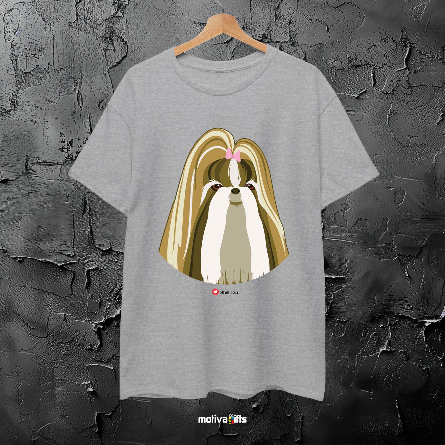 Sport gray tshirt with Shih Tzu design on the front, front view, Motiva Gifts