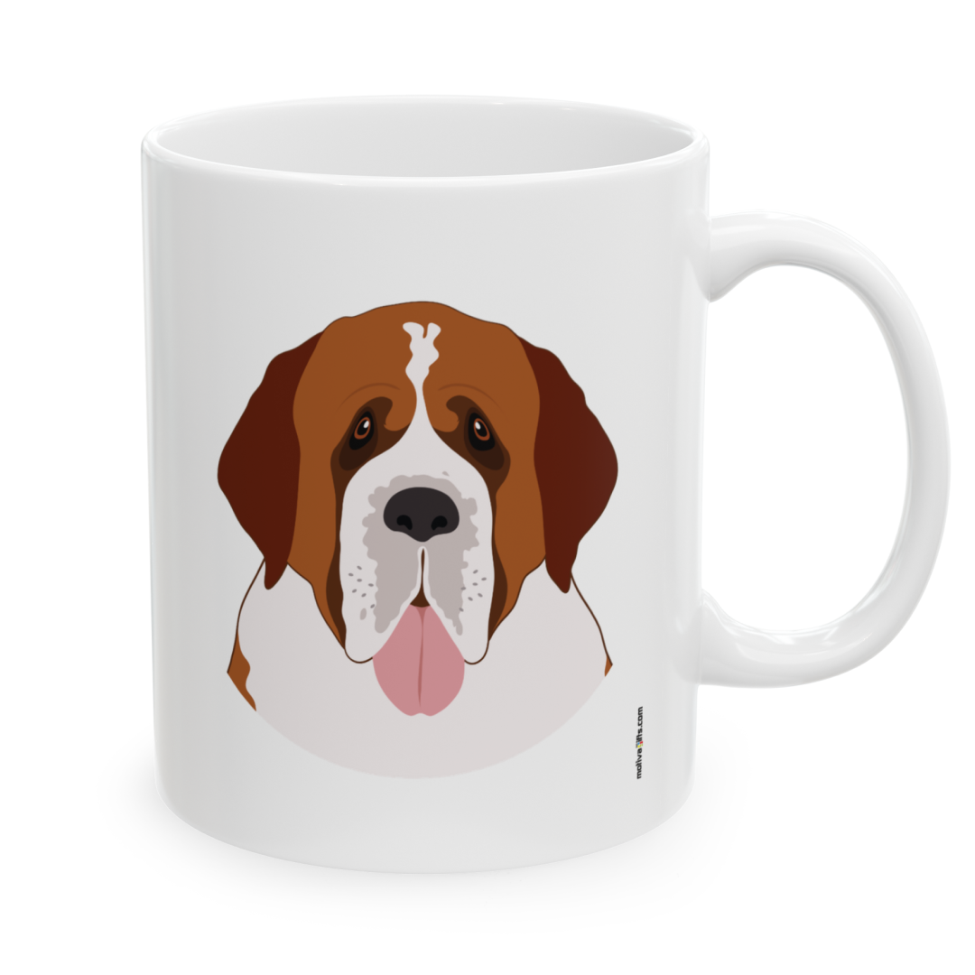 Right view white ceramic 11 oz mug featuring a drawing of a St. Bernard Dog. Clean white background.