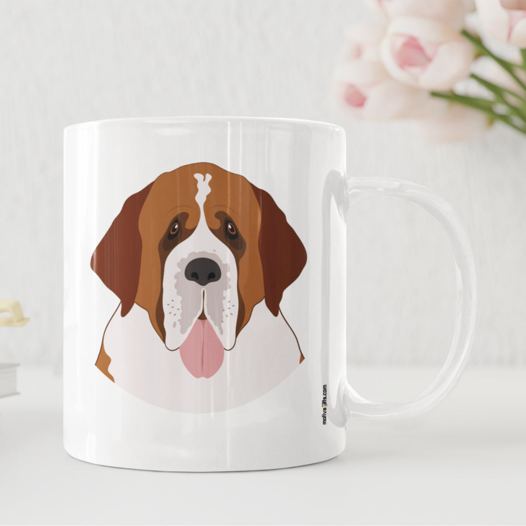 St. Bernard Love Dogs White 11 oz Ceramic Mug, featuring a white table and a small vase of flower