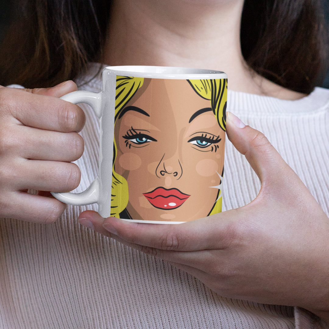 Woman holding a "Yes, We Can" Wraparound 11 oz Ceramic Mug from Vintage Vibes Collection, perfect for coffee lovers and dreamers.