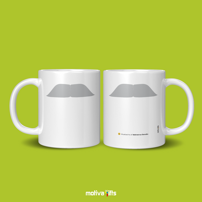 Front view with 2 white coffee mug with gray mustache design inspired by Mahatma Gandhi By Motiva Gifts 