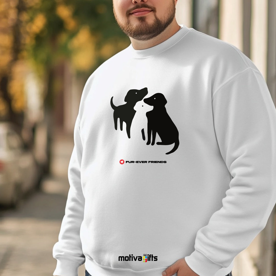 A man wearing a White sweatshirt featuring an illustration of three charming dogs.