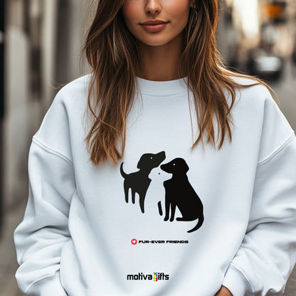 A woman wearing a White sweatshirt featuring an illustration of three charming dogs.