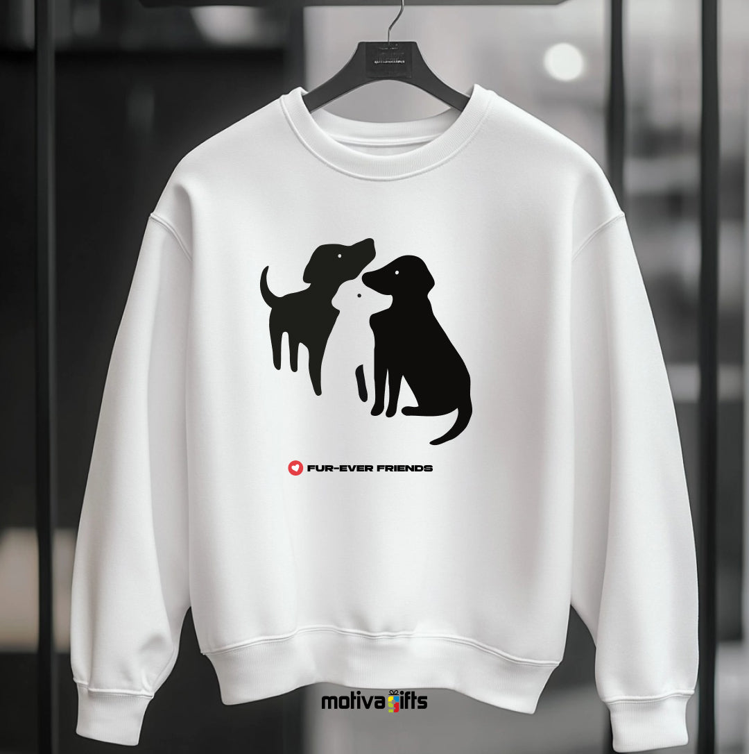 Hanging: White sweatshirt featuring an illustration of three charming dogs.