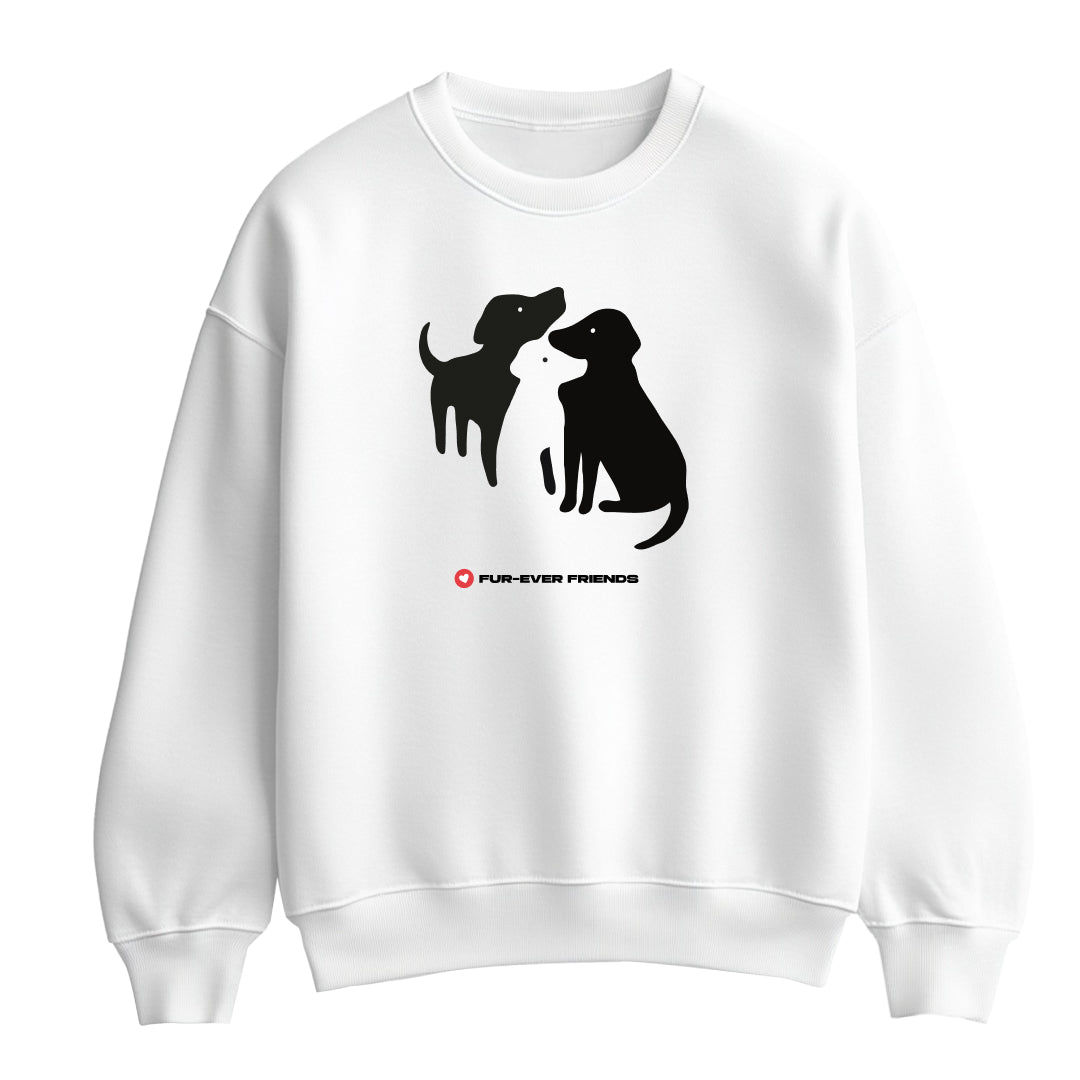 Flat lay view of a 3 Dogs Friends unisex white sweatshirt featuring an illustration of three charming dogs.