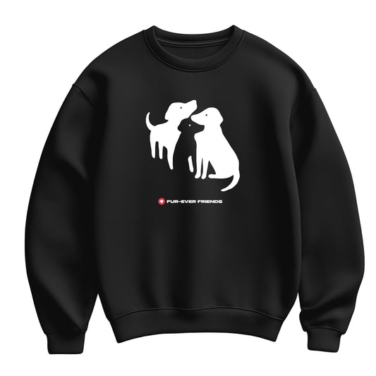 Flat lay view of a 3 Dogs Friends unisex white sweatshirt featuring an illustration of three charming dogs.