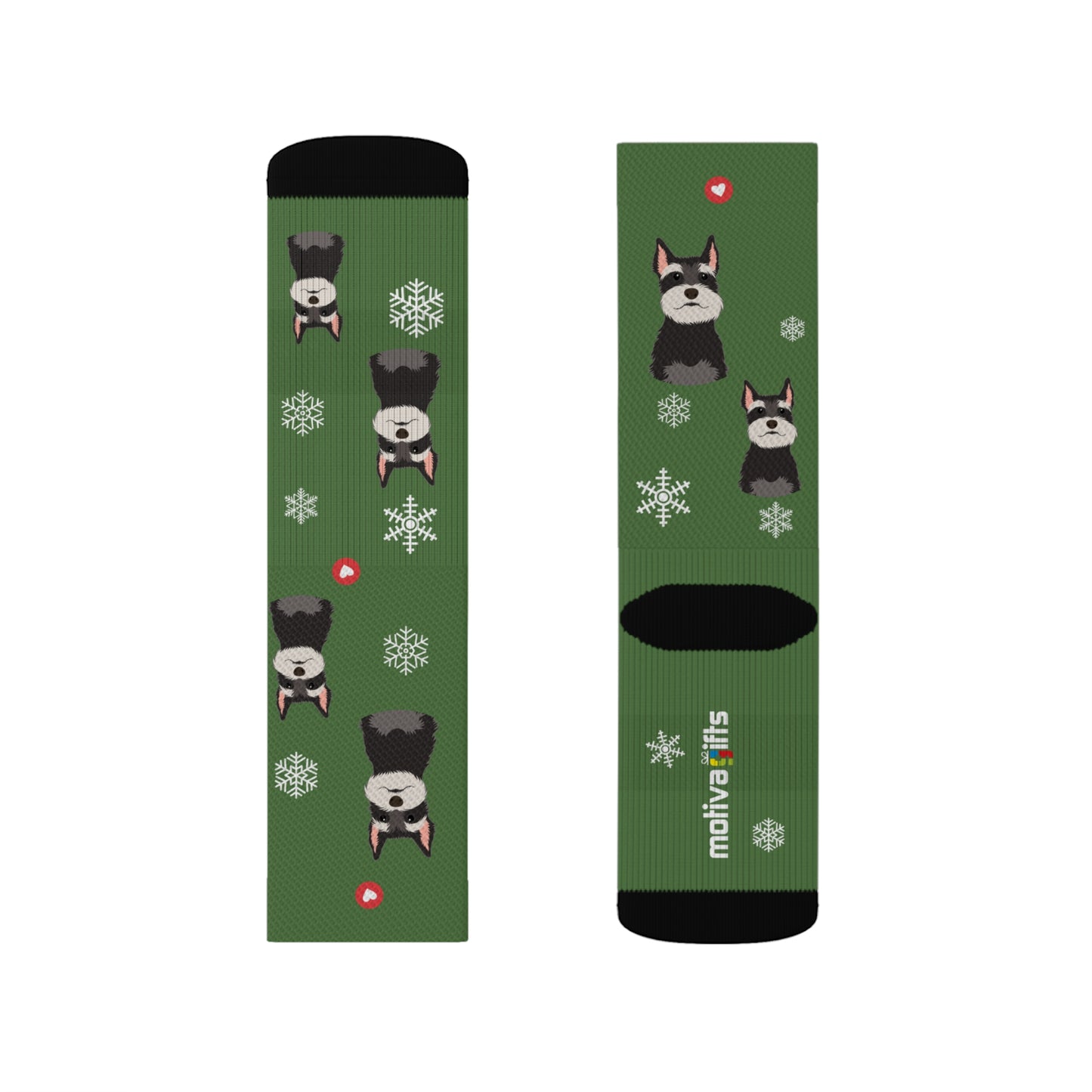 Stay cozy with these adorable Beagle snowflake socks! Featuring a white dog pattern with snowflakes and hearts on a green background.