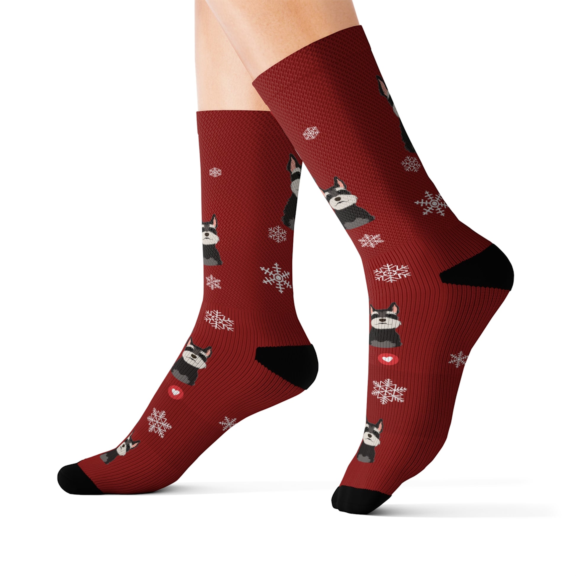 Wrap yourself in these charming dog socks with snowflakes and a cute Schnauzer design. Ideal for cold winter days!