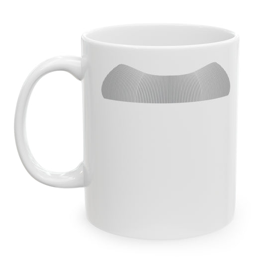 Photo of a white ceramic mug with a drawing of Albert Einstein’s mustache, set against a plain white background