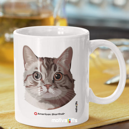 American shorthair Love Cat White 11 oz Ceramic Mug, back featuring a tea set