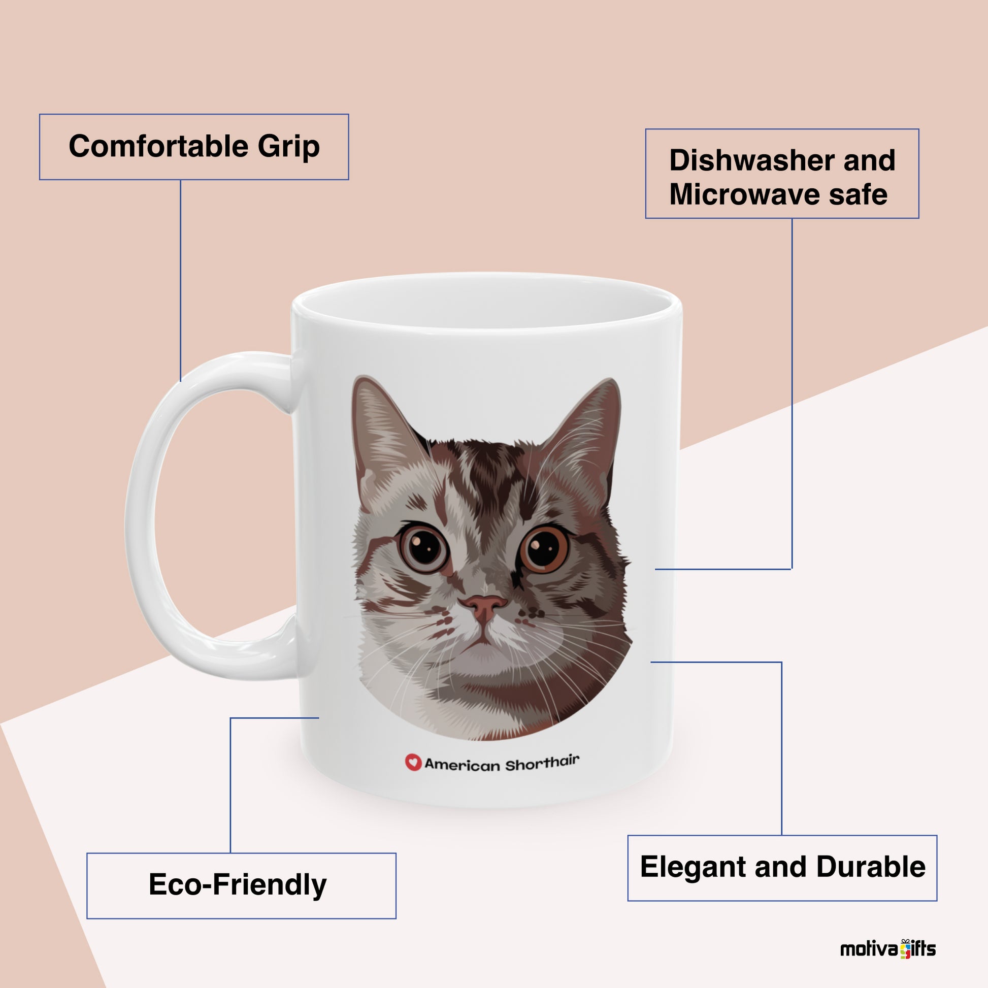 American Shorthair Love Cat Benefits: comfortable grip, eco-friendly, dishwasher and microwave safe, elegant and durable. By Motiva Gifts.