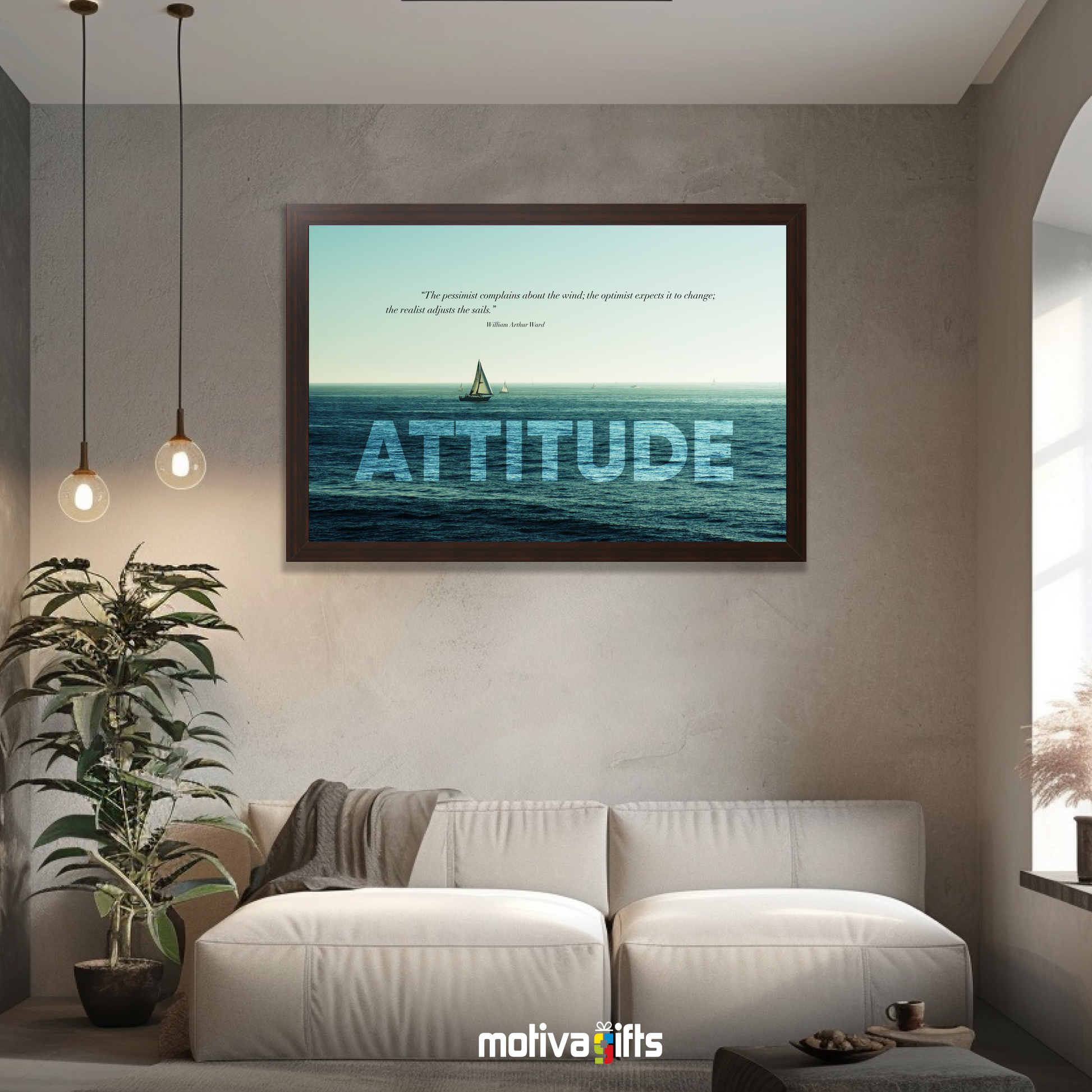 A walnut framed art wall with the word ATTITUDE in large text and a William Ward quote hangs in a modern living room. 