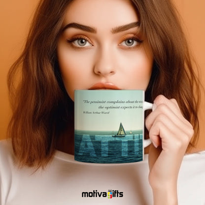 Woman holding a mug, William Arthur Ward Attitude Quote Inspiration Mug, wraparound design, Front View 