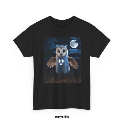 Unisex black Shirt featuring a design of a barn owl dressed in a ghost Halloween costume