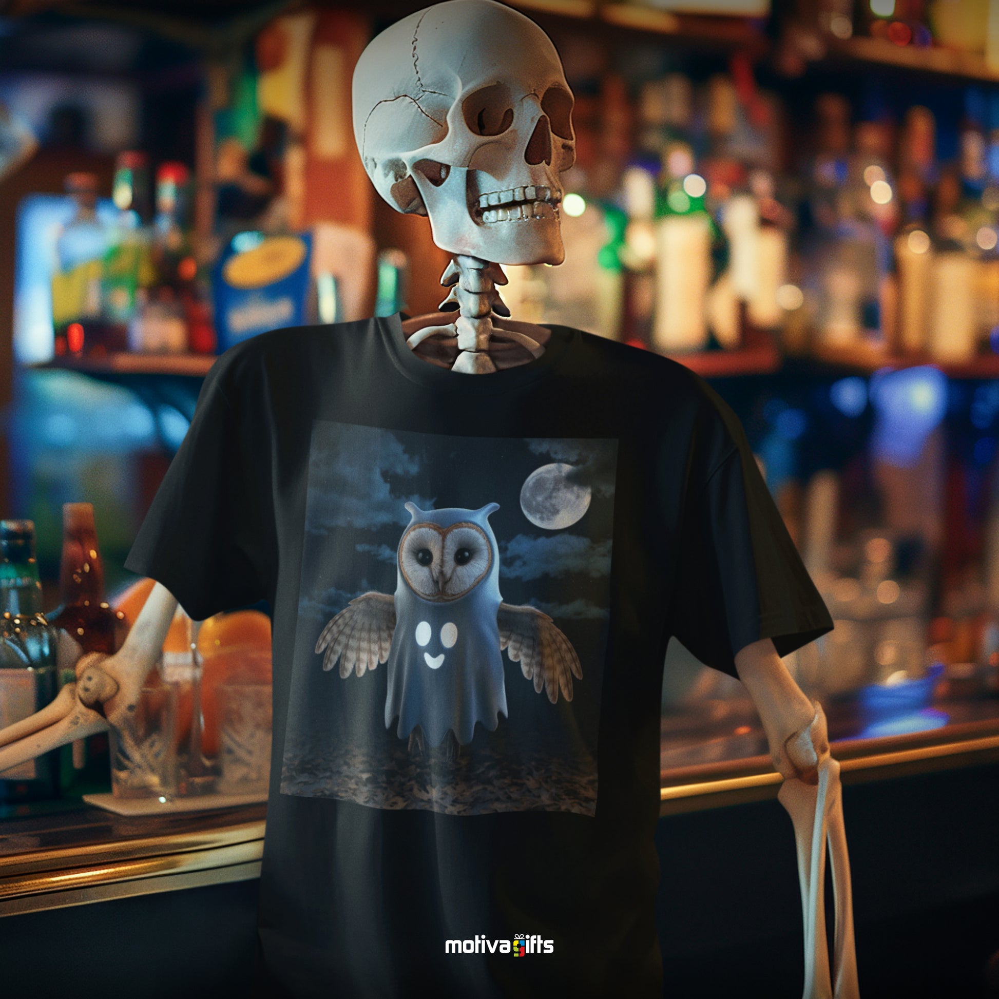 Skeleton wearing a black Shirt featuring a design of a barn owl dressed in a ghost Halloween costume