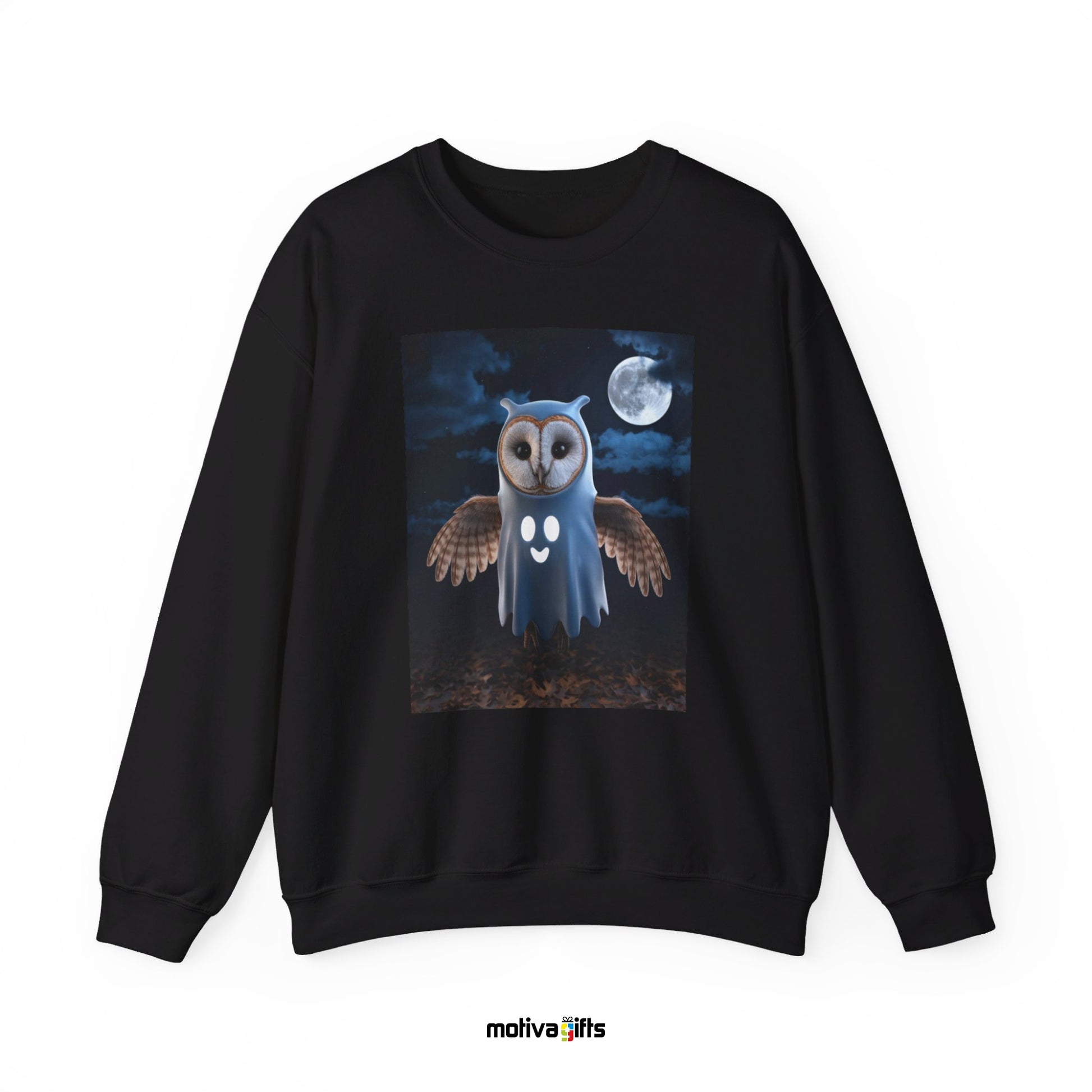 Unisex black sweatshirt featuring a design of a barn owl dressed in a ghost Halloween costume