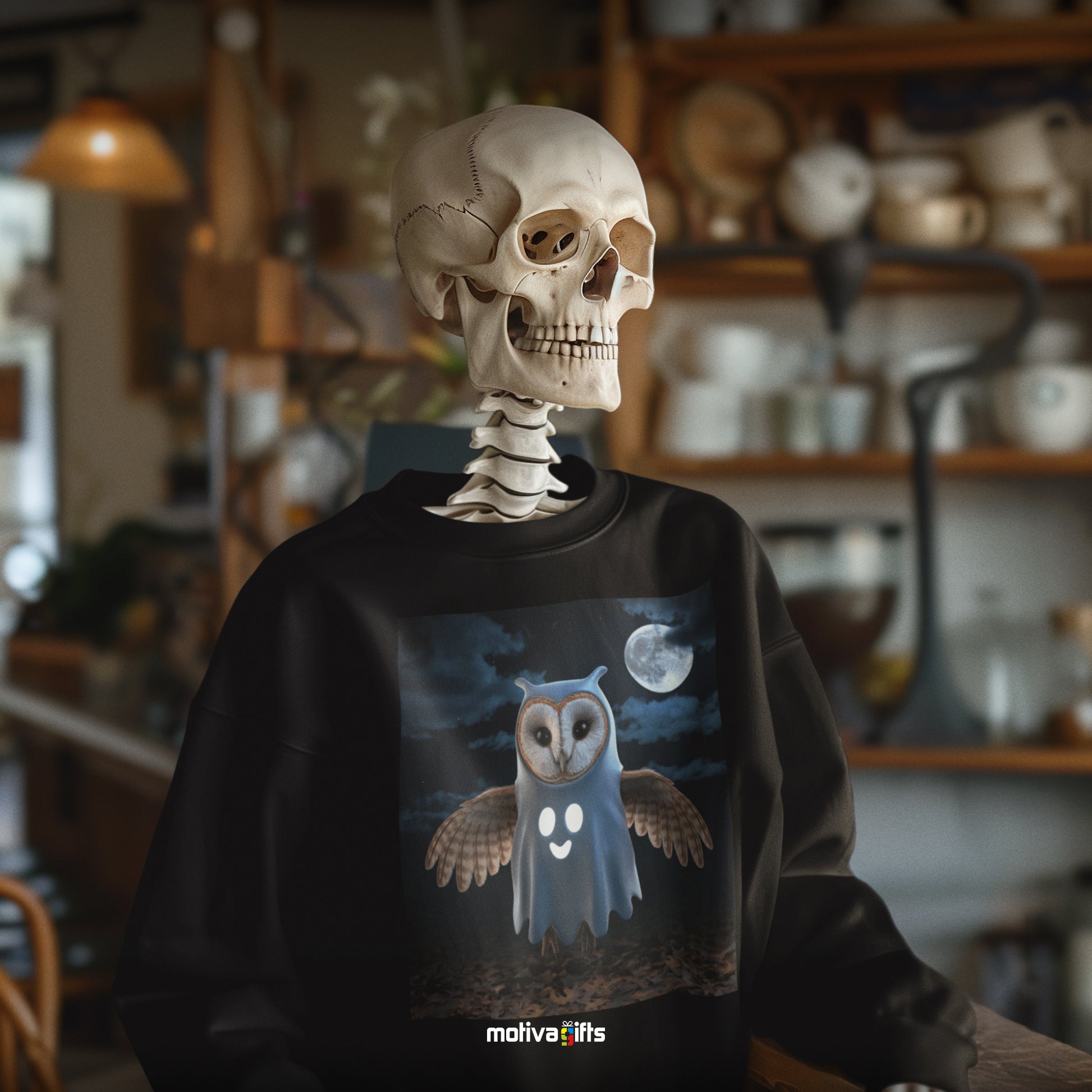 Skeleton wearing a black sweatshirt featuring a design of a barn owl dressed in a ghost Halloween costume