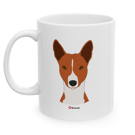 Left view White ceramic 11 oz mug featuring a drawing of a Basenji Dog. Clean white background.