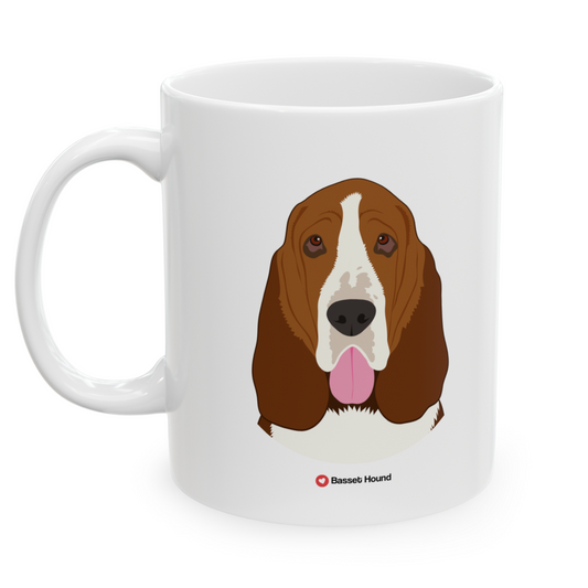 Left view white ceramic 11 oz mug featuring a drawing of a Basset Hound Dog. Clean white background.