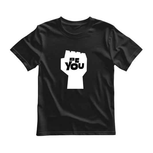 Black flat-lay T-shirt featuring white typography that reads Be You .