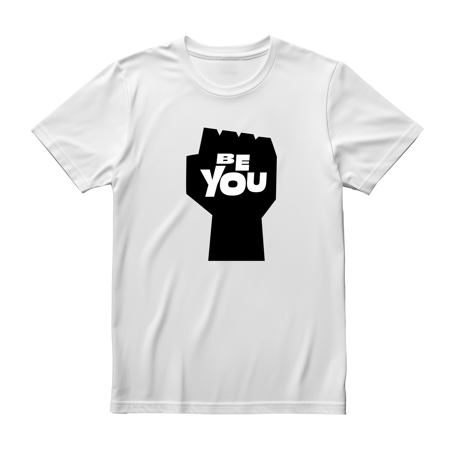 White flat-lay T-shirt featuring bold black typography that reads Be You 