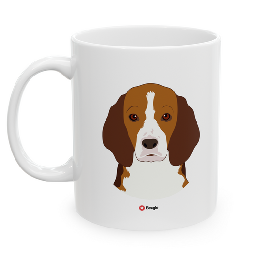 Left view white ceramic 11 oz mug featuring a drawing of a Beagle Dog. Clean white background.